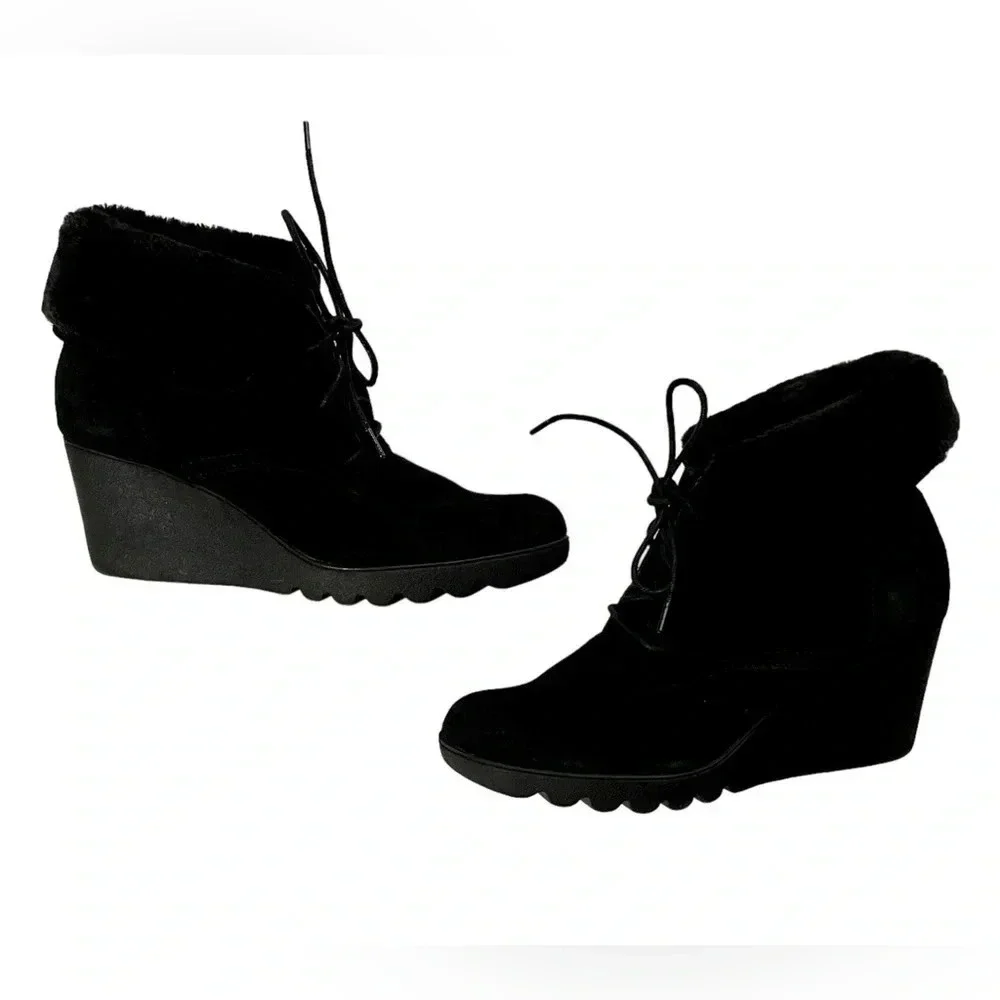 Donald J. Pliner Black Maxxi Leather Suede Wedge Ankle Boots - Picture 2 of 5